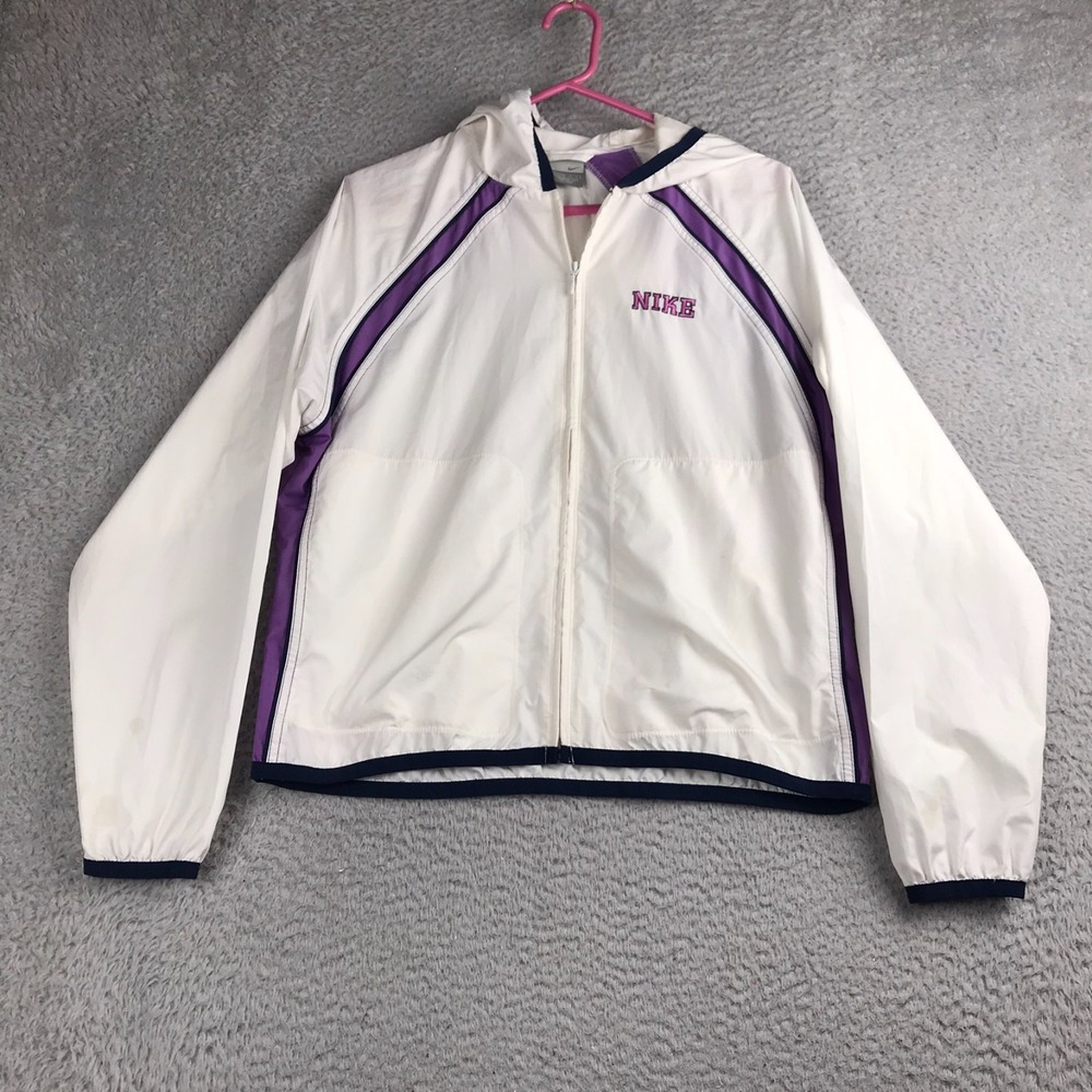 Vintage Y2K Nike Hooded Windbreaker Womens L White/Purple Track Jacket‎